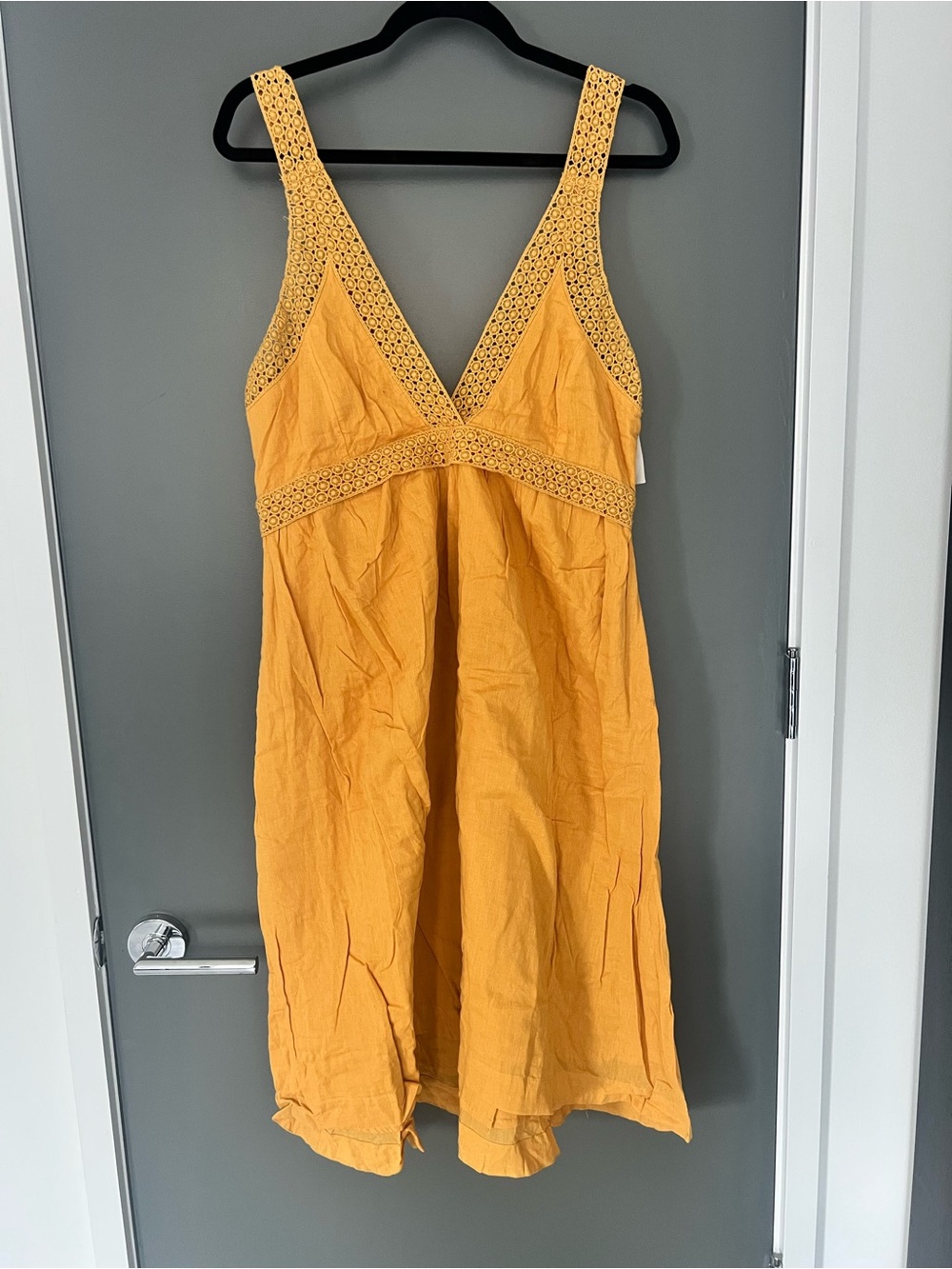 HM Linen Sleeveless V-Neck Crochet Trim Sundress in Mustard